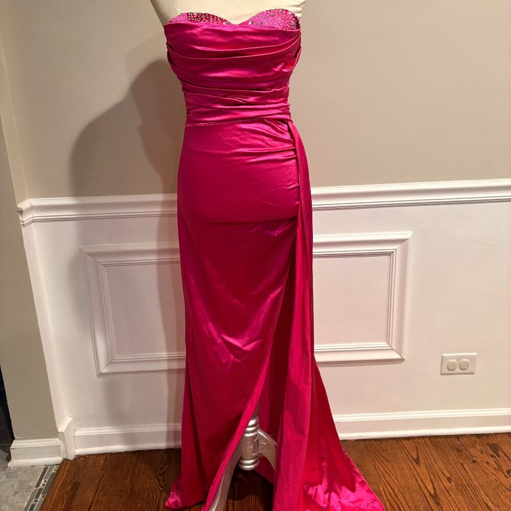 Hot Pink Gown Prom Formal Party Dress Sexy Strapless Rhinestones and Gloves